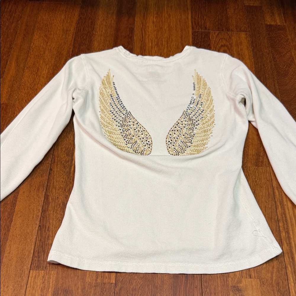 TWISTED HEART Cream Long Sleeve Shirt with Gold Angel Wings